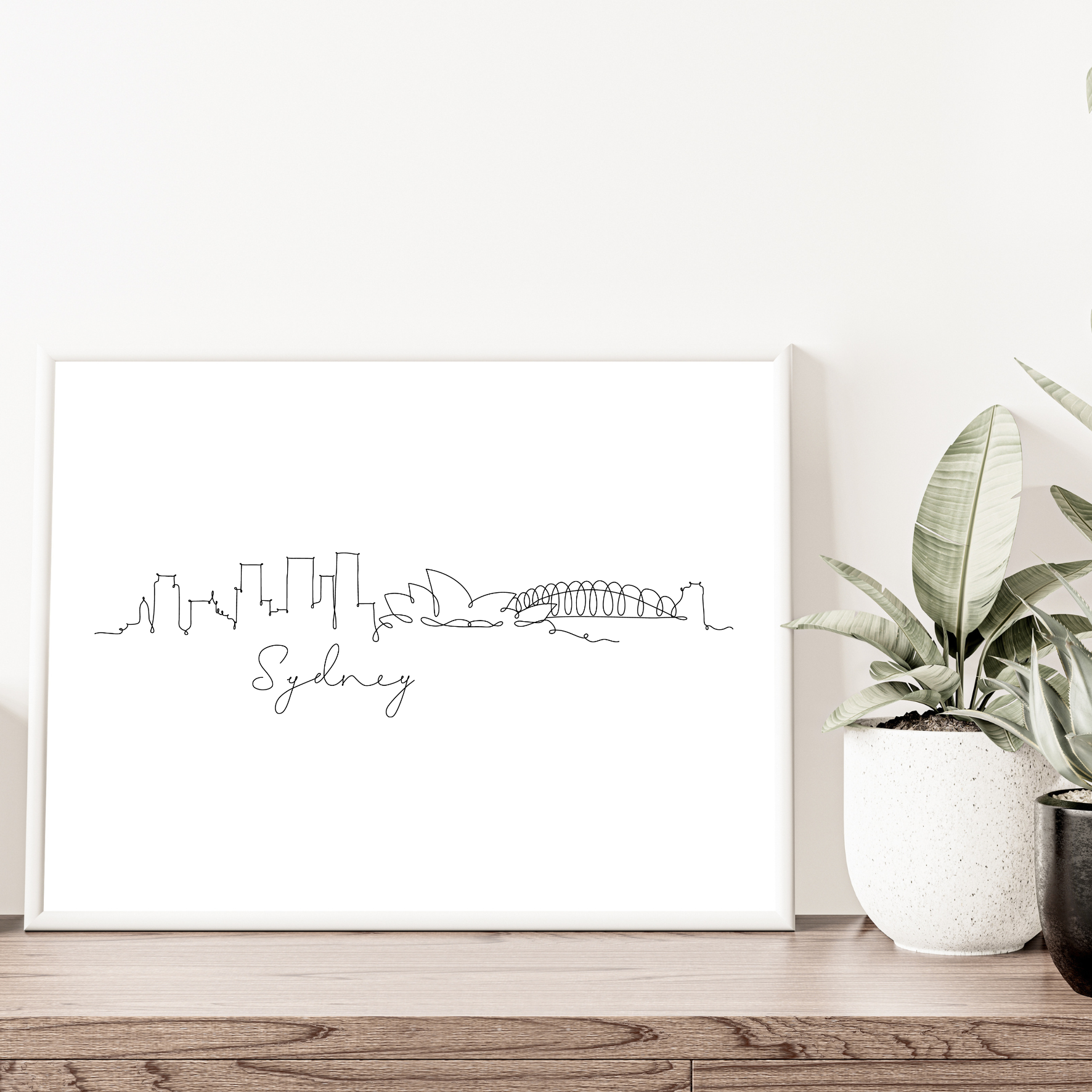 Minimalist black and white A4 line drawing of Sydney skyline featuring the Opera House and Harbour Bridge, unframed engagement or travel gift.