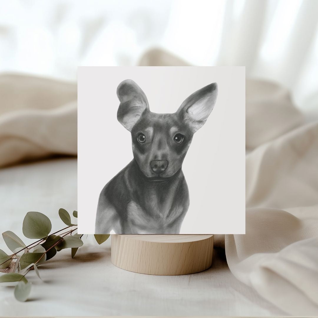 Send a smile with this hand-drawn Tabit the Chiweenie greeting card, featuring an adorable Dachshund and Chihuahua mix illustration, perfect for dog lovers and special occasions.