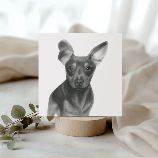 Send a smile with this hand-drawn Tabit the Chiweenie greeting card, featuring an adorable Dachshund and Chihuahua mix illustration, perfect for dog lovers and special occasions.