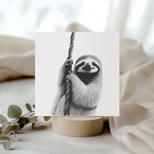 Adorable Tejat the Sloth greeting card, featuring a hand-drawn sloth design, perfect for sloth lovers, animal enthusiasts, and any occasion celebrating relaxation and joy.