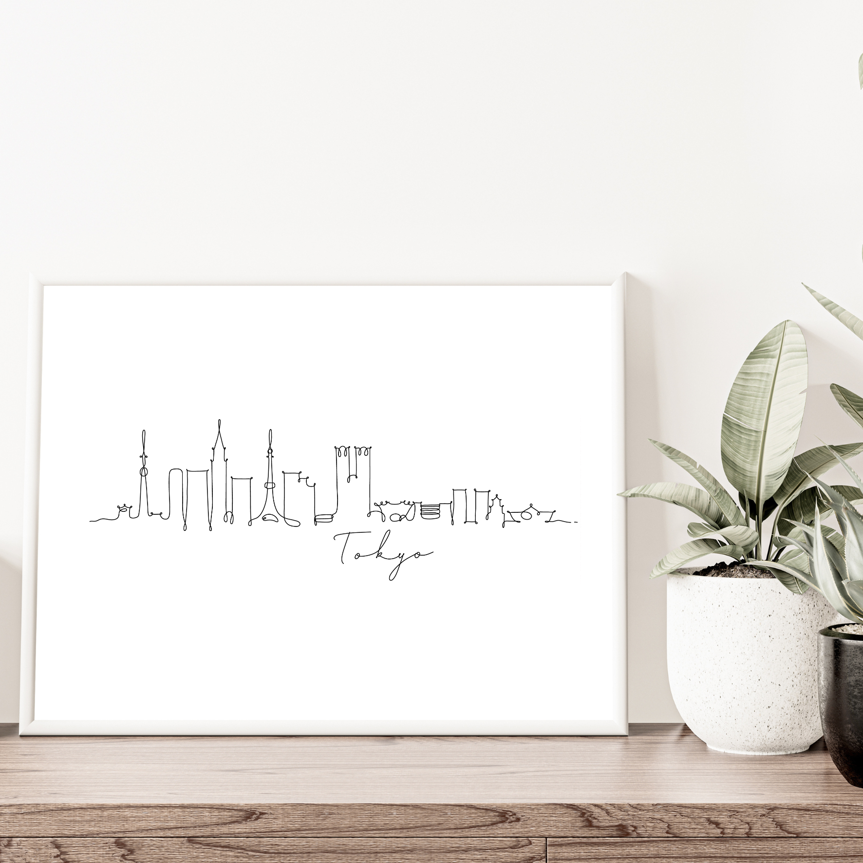 Minimalist black and white A4 line drawing of Tokyo skyline featuring Tokyo Tower and Skytree, unframed print for travel lovers.