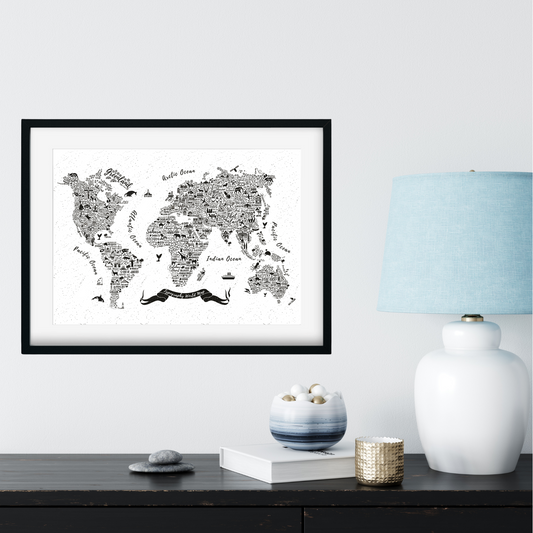 Typography world map print featuring countries shaped by their names – modern travel wall art