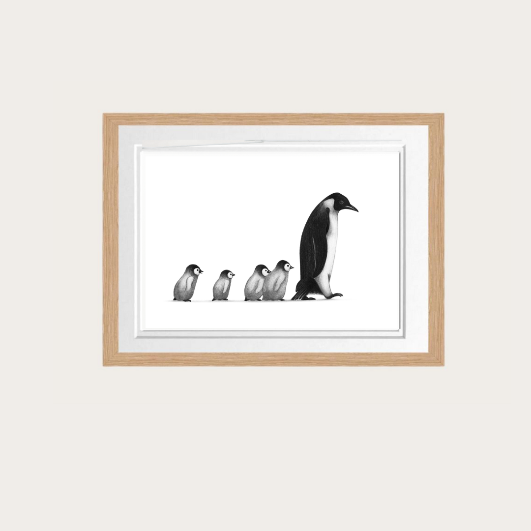 Follow Me. Mother and Baby Penguins Print | Cute Hand-Drawn Wildlife Art