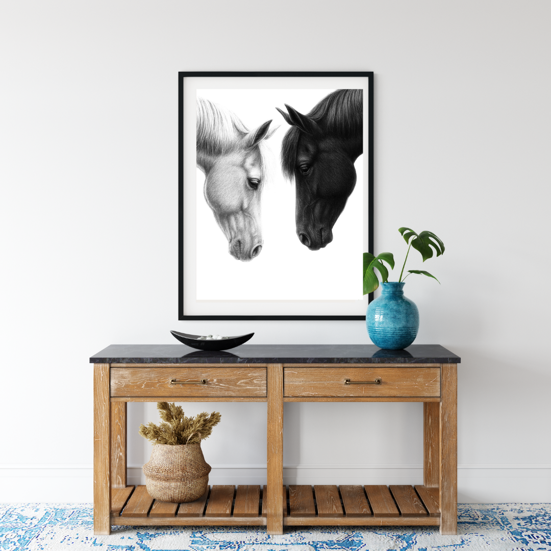 Ebony & Ivory – Horse Couple Print | Hand-Drawn Equestrian Art