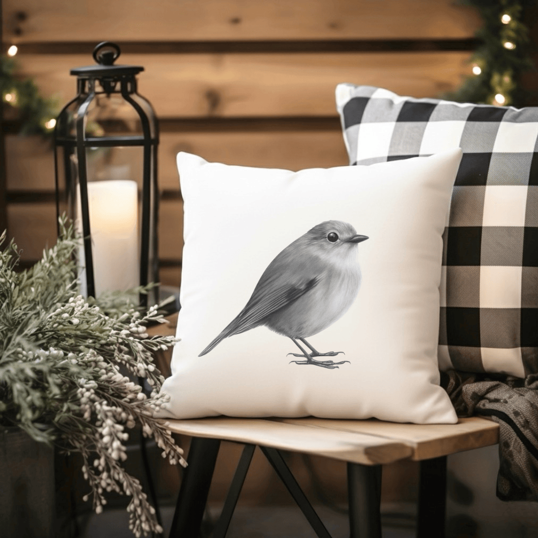 Faux Suede Robin Cushion – Hand-Drawn Bird & Wildlife Home Décor Gift