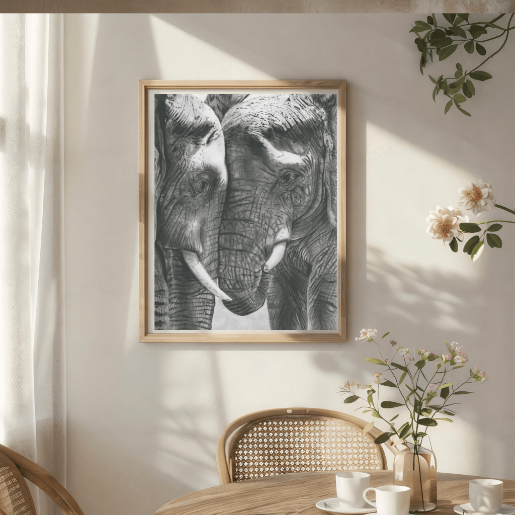 Elephant Tenderness Fine Art Print – Stunning Hand-Drawn Wildlife Artwork for Nature Lovers
