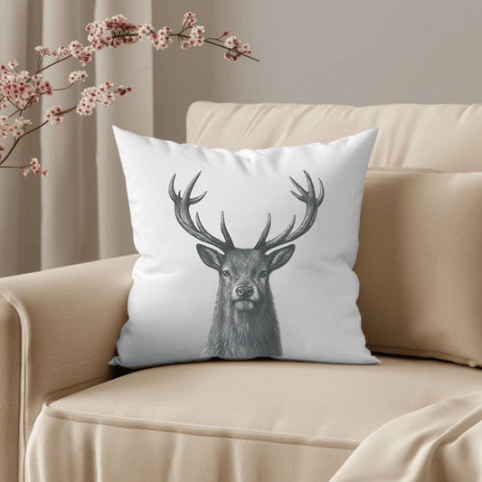 Faux Suede Stag Cushion – Hand-Drawn Wildlife & Woodland Home Décor