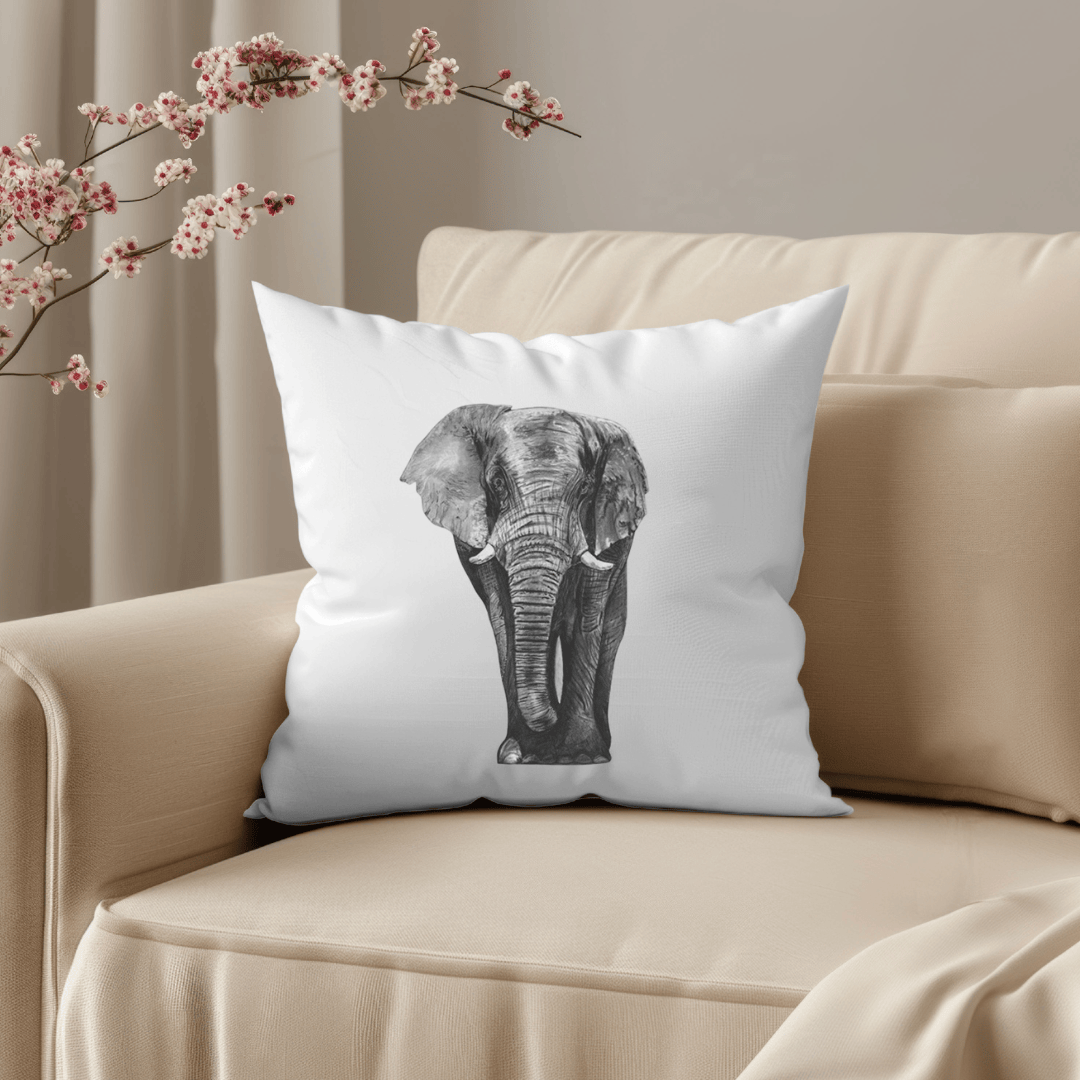 Faux Suede Elephant Cushion – Hand-Drawn Wildlife Home Décor Gift