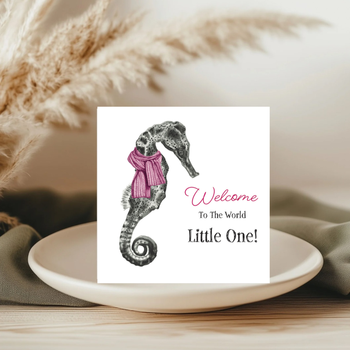 New Baby Pink Seahorse greeting card view