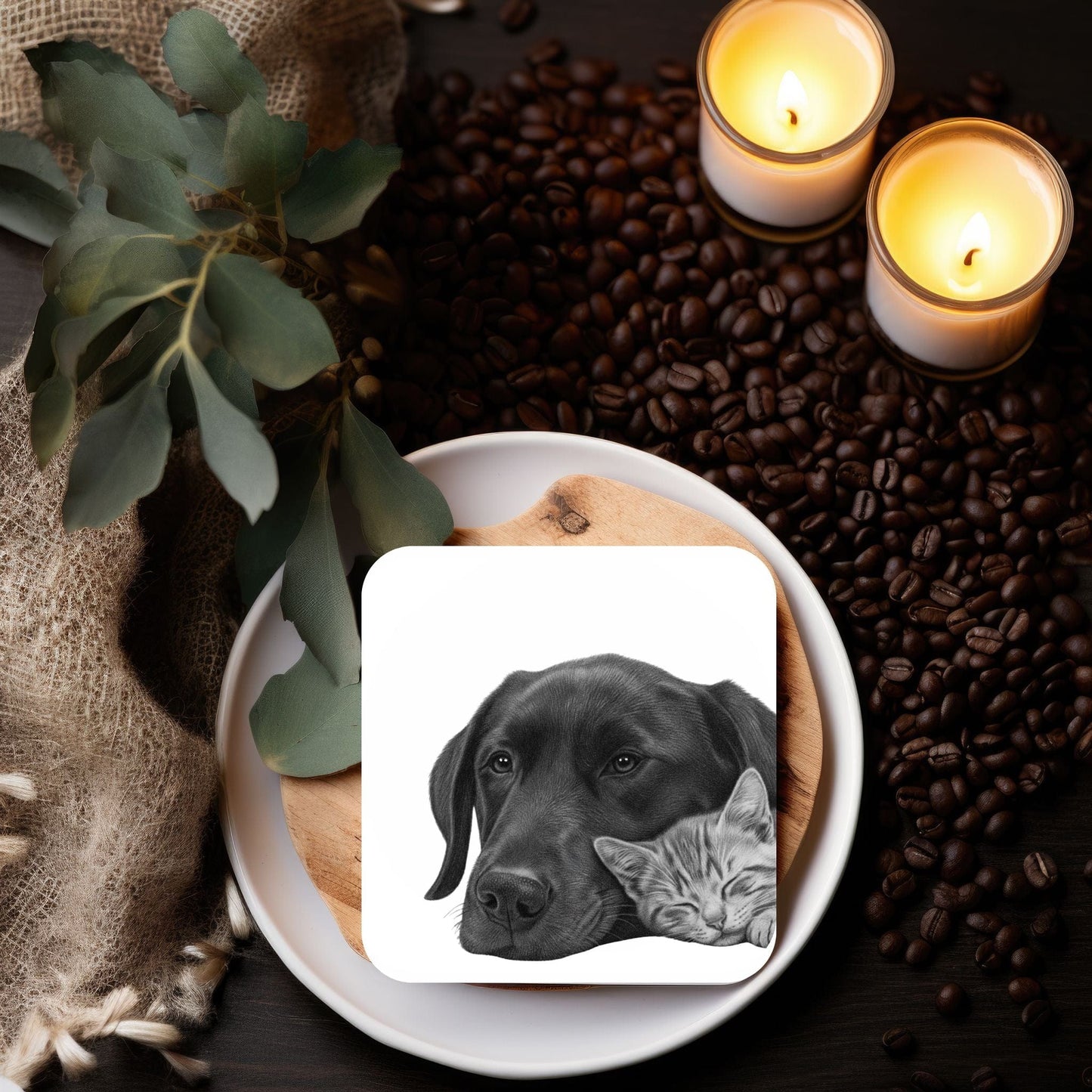 Best Friends Cat and Dog Drinks Coaster – Hand-Drawn Pet Art