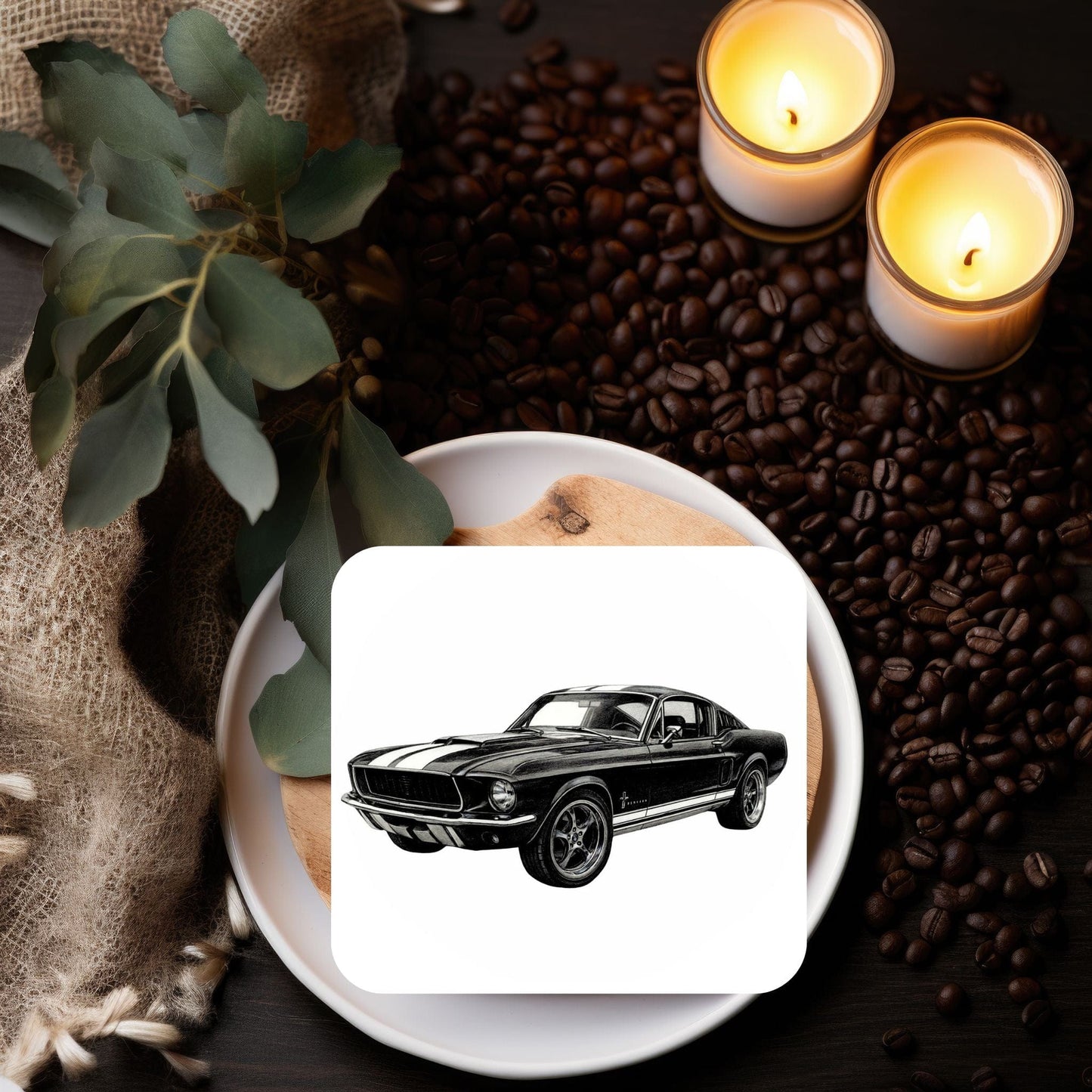 American Ford Mustang Car Inspired Drinks Coaster – Sleek Hand Drawn Automotive Art