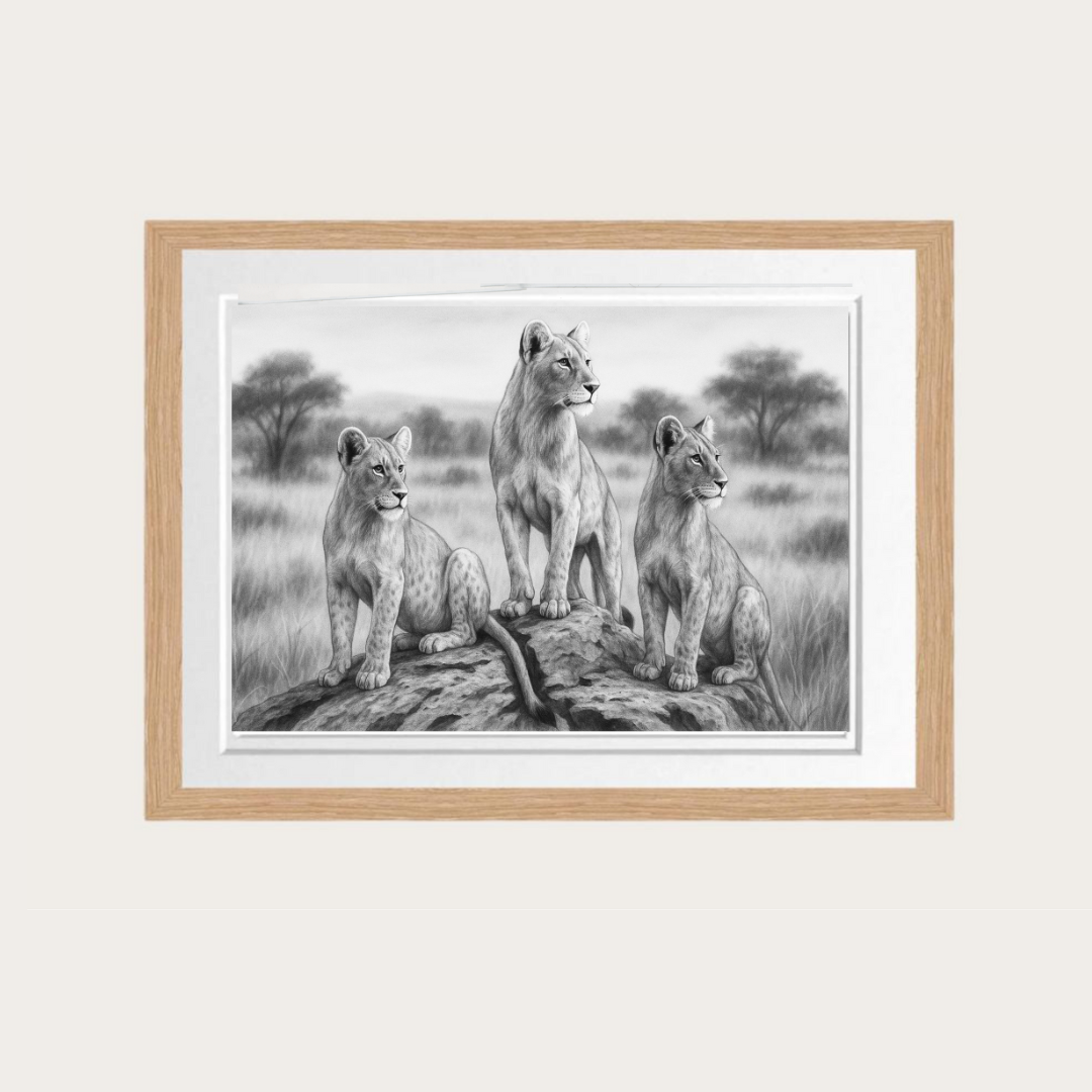 Three Lionesses Drawing | Wildlife Art from Zambia