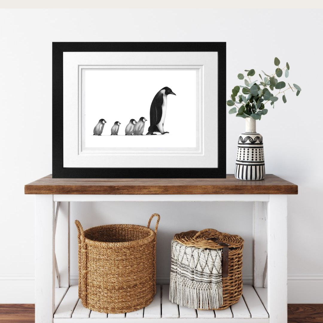 Follow Me. Mother and Baby Penguins Print | Cute Hand-Drawn Wildlife Art