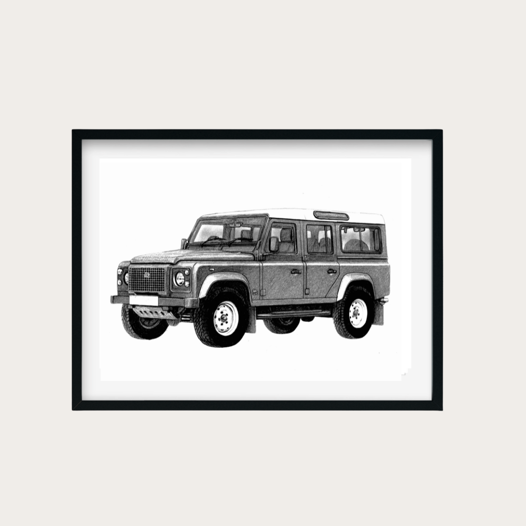 Land Rover Countryside Art Print | Hand-Drawn Automotive & Rural Scene