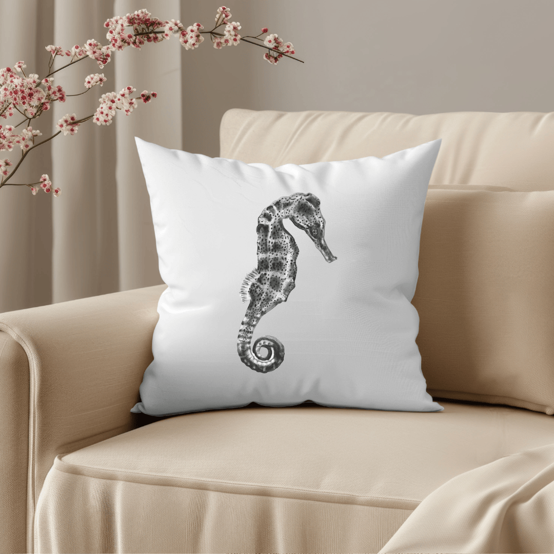 Faux Suede Seahorse Cushion – Hand-Drawn Sealife Home Décor