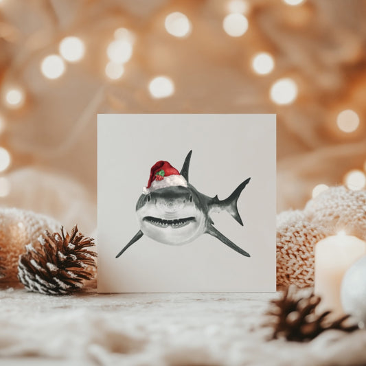 Hand-drawn shark wearing a Santa hat, festive Christmas card design.