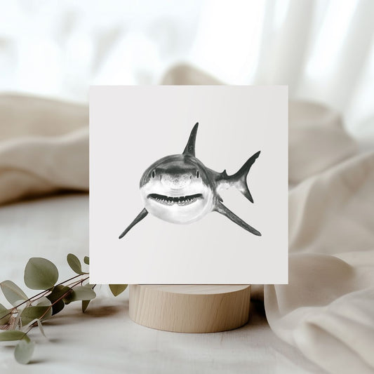 Hand-drawn Vega the Shark greeting card, featuring captivating marine life art.