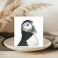 Charming hand-illustrated greeting card featuring Vela the Puffin, ideal for sending cheerful messages to bird enthusiasts and nature lovers.