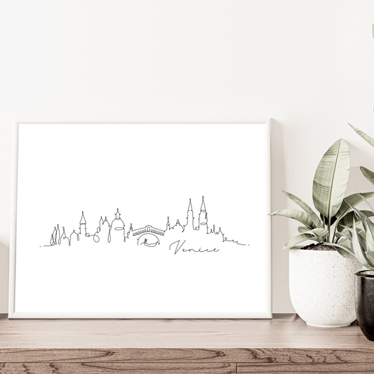 Hand-drawn Venice skyline print featuring St. Mark’s Basilica, Grand Canal, and Rialto Bridge