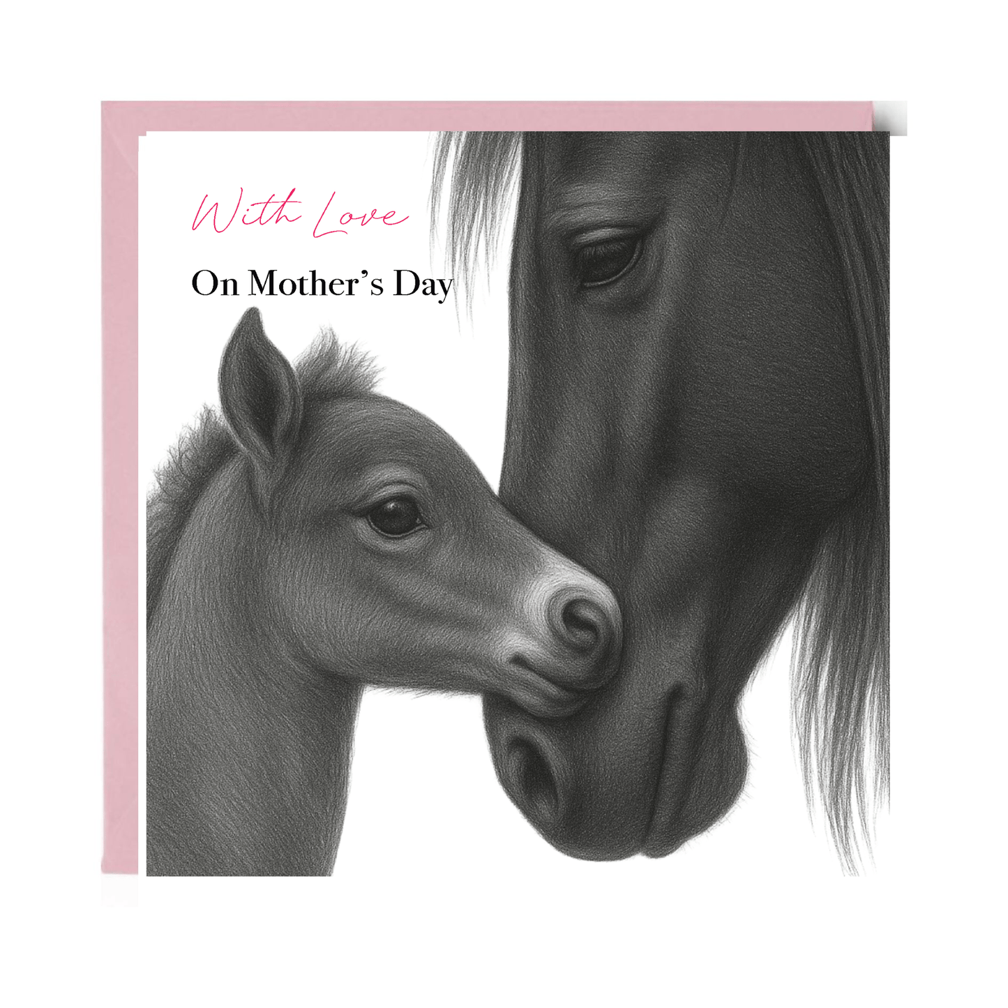 Card with illustration of a mare and foal on Mother's Day, featuring a pink border.
