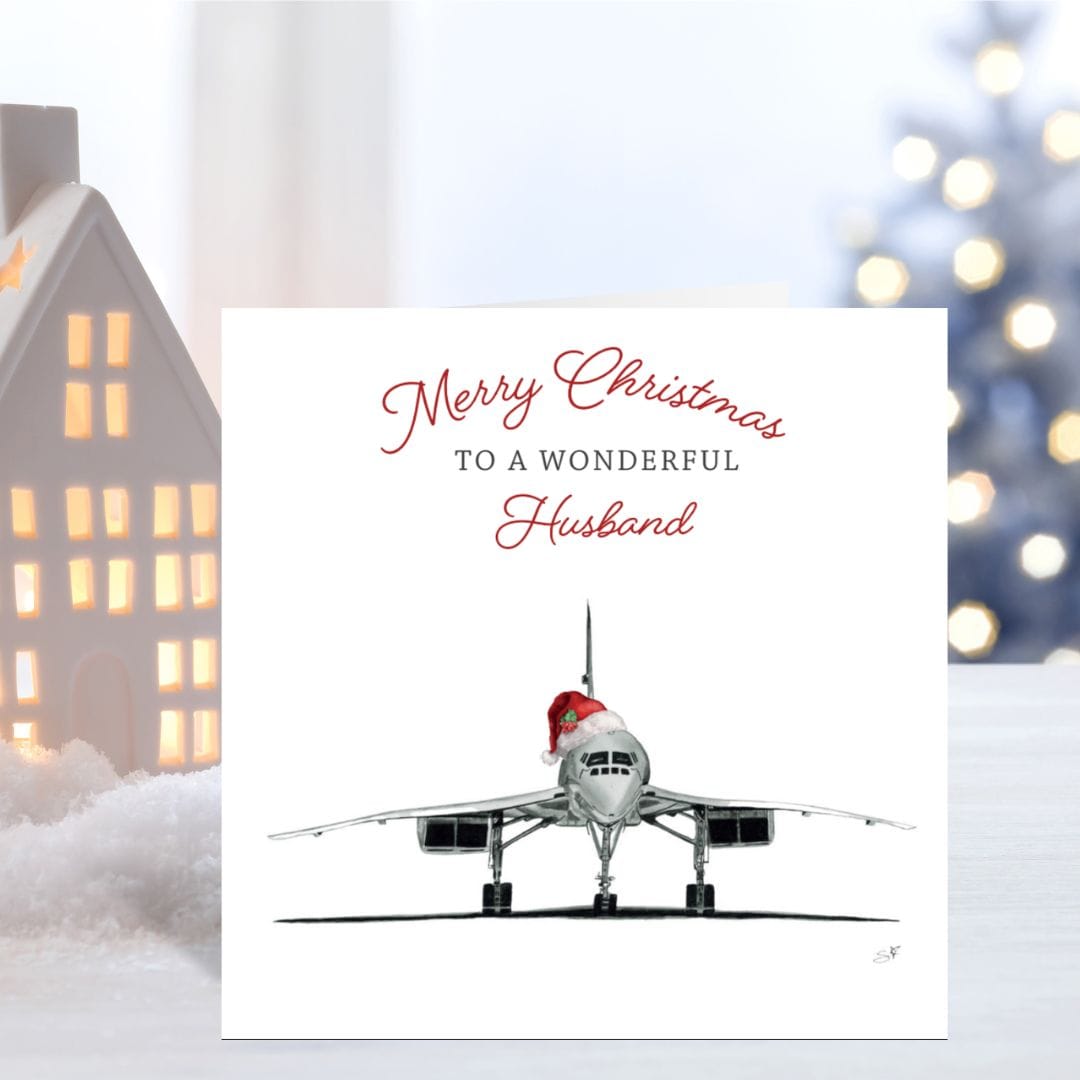 "Festive Concorde Christmas card for a wonderful husband, hand-drawn with love by Libra Fine Arts."