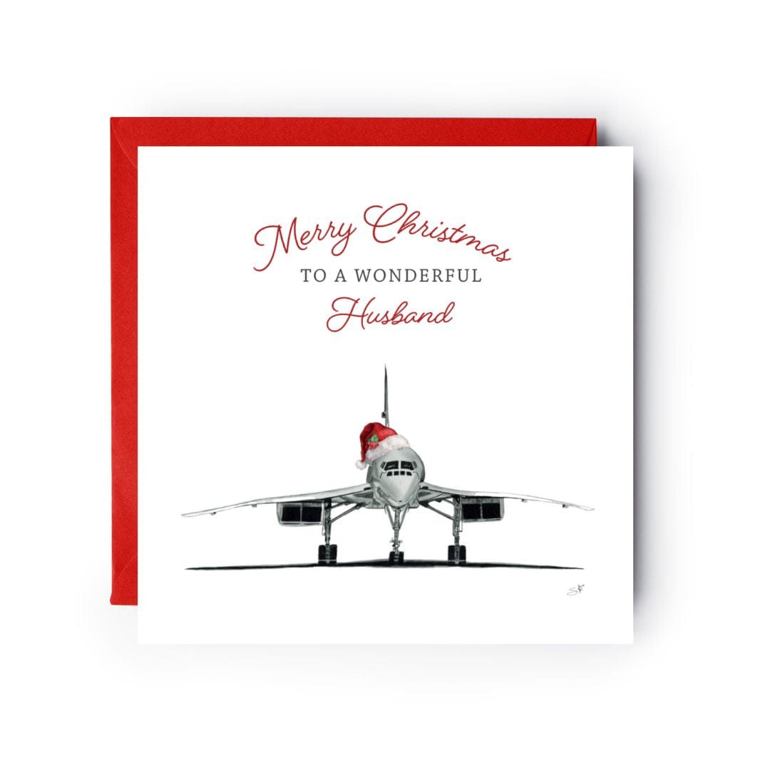 Libra Fine Arts hand-drawn Concorde card celebrating a wonderful husband at Christmas