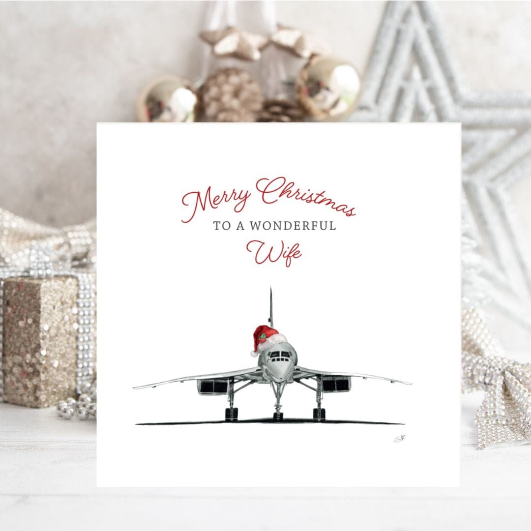 Libra Fine Arts hand-drawn Concorde card celebrating a wonderful wife at Christmas