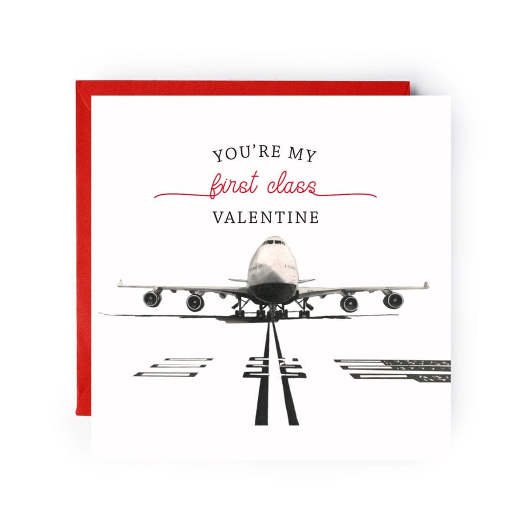 Treat your Valentine to a first-class experience with this romantic 'You're My First Class Valentine' greeting card, featuring an aviation-themed design. Perfect for aviation enthusiasts or anyone who deserves to feel special."