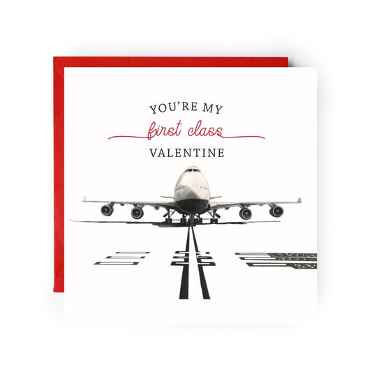Treat your Valentine to a first-class experience with this romantic 'You're My First Class Valentine' greeting card, featuring an aviation-themed design. Perfect for aviation enthusiasts or anyone who deserves to feel special."