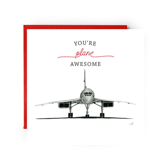 Celebrate the iconic Concorde with this fun 'You’re Plane Awesome' greeting card, featuring a hand-drawn illustration of the legendary supersonic aircraft. Perfect for aviation enthusiasts and aviation-themed gift