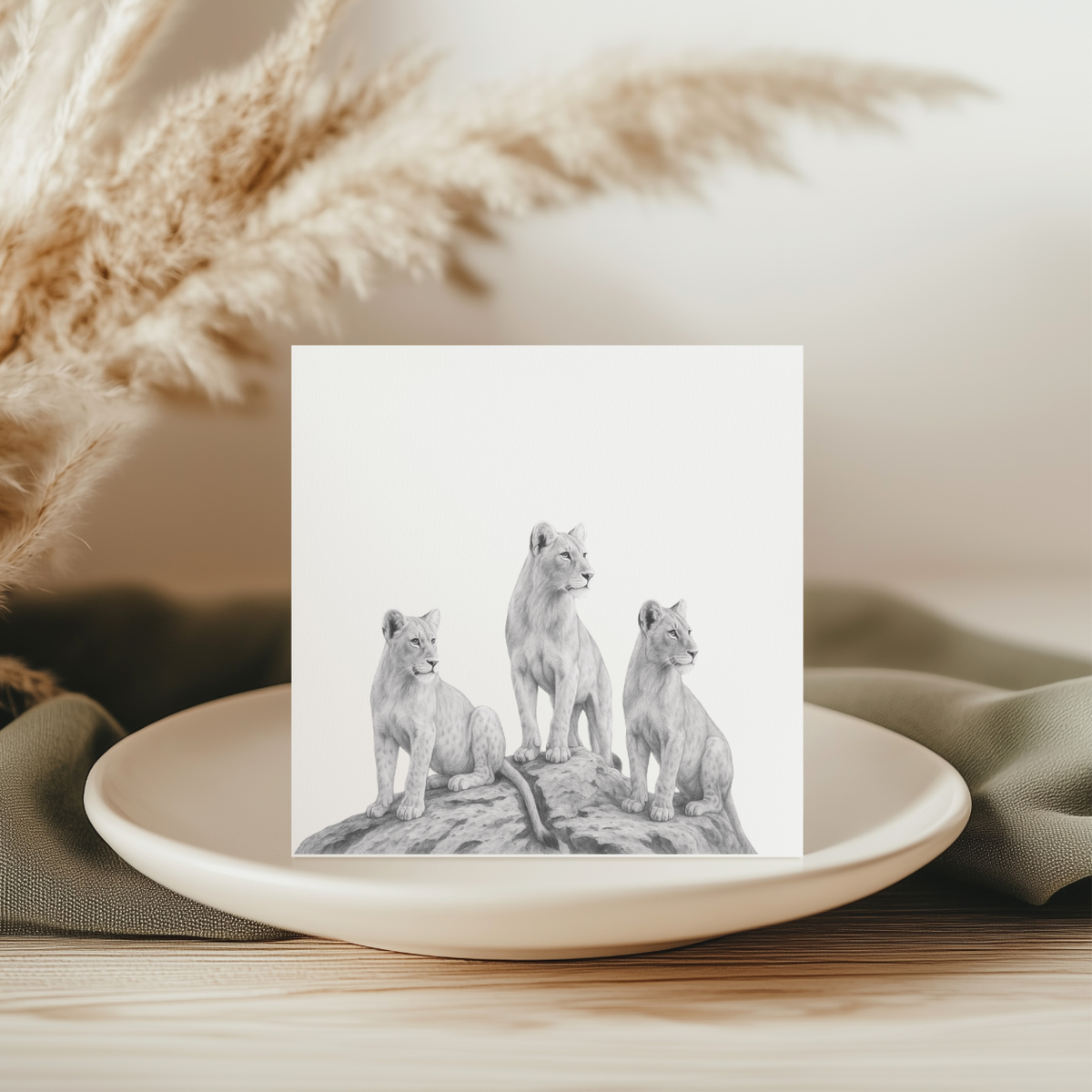 Three Lionesses Hand Drawn Greeting Card