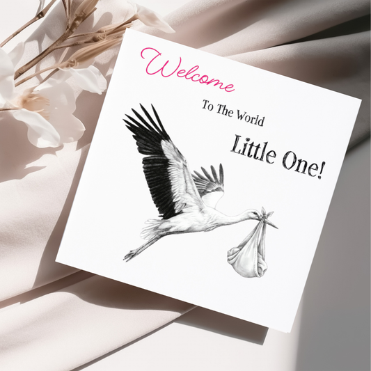 New Baby Flying Stork Greeting Card - Pink | Congratulations New Baby Card