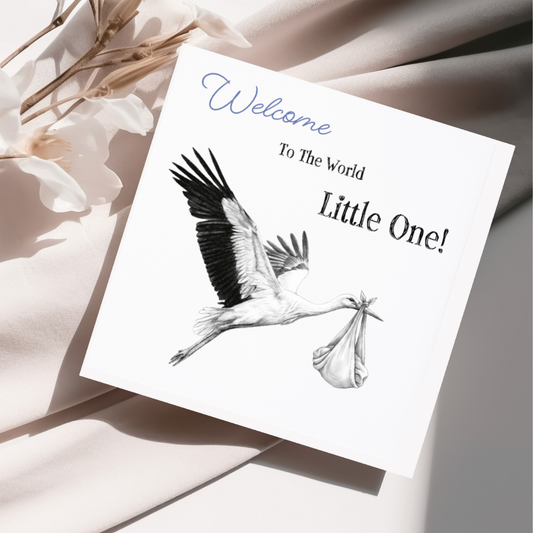 New Baby Flying Stork Greeting Card - Blue