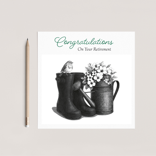 The Gardener’s Haven | Hand-Drawn Robin & Wellies Retirement Card