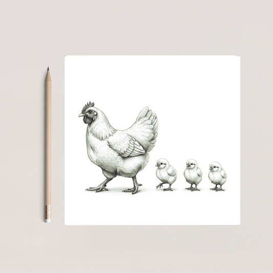 Hen and Chicks Hand Drawn Greeting Card | Farmyard Animal Card