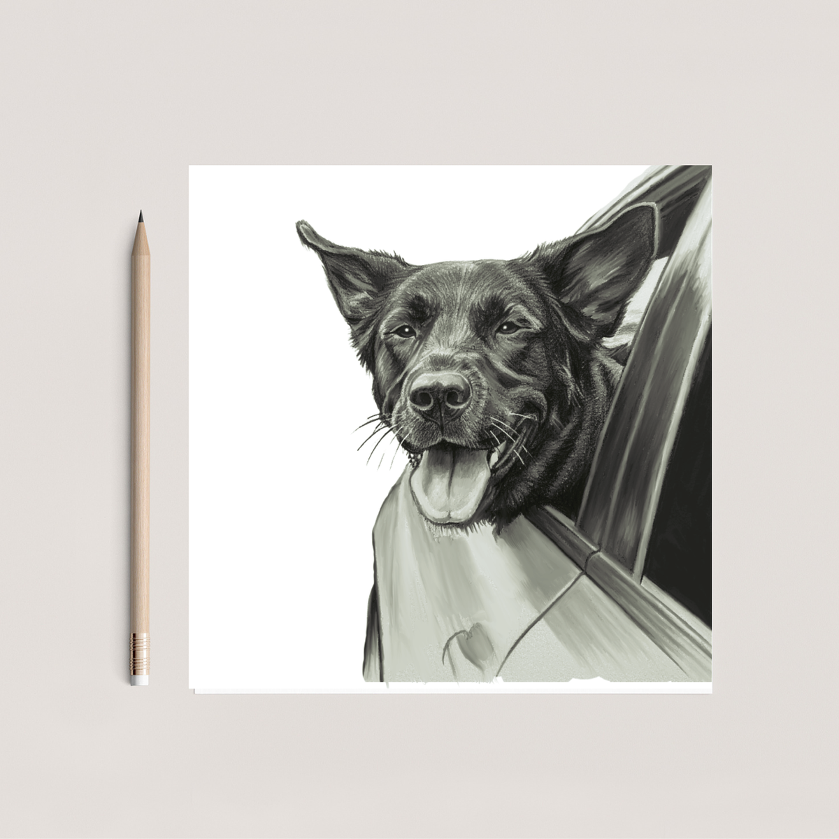 Driving Dog Hand Drawn Greeting Card