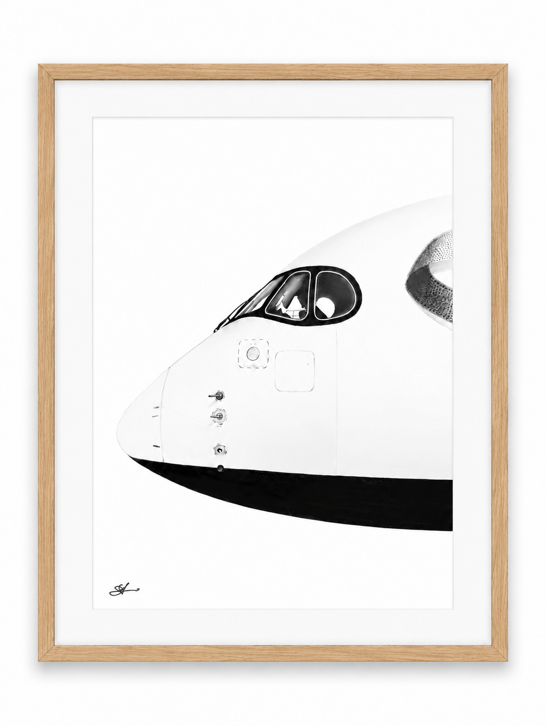 Airbus A350 Nose Study Fine Art Print with white mount and oak frame