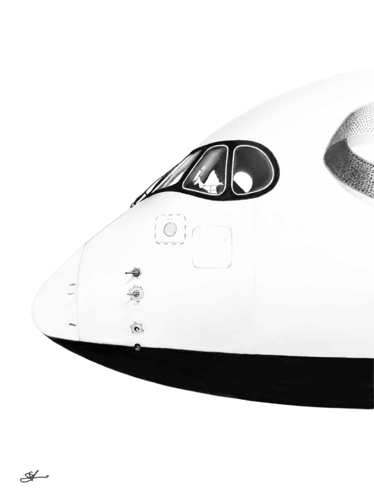 Airbus A350 nose and cockpit monochrome fine art print by Skip Khangurra