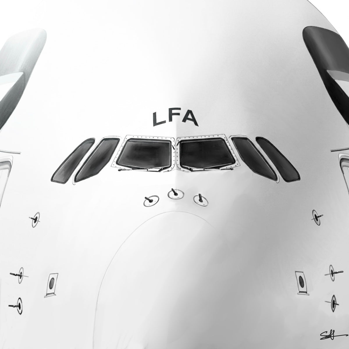 Hand-drawn Airbus A380 cockpit close-up LFA aviation fine art print