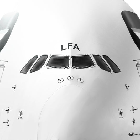 Hand-drawn Airbus A380 cockpit close-up LFA aviation fine art print