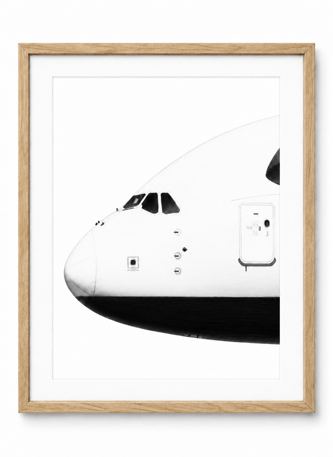 Airbus A380 nose study fine art print with white mount and oak frame