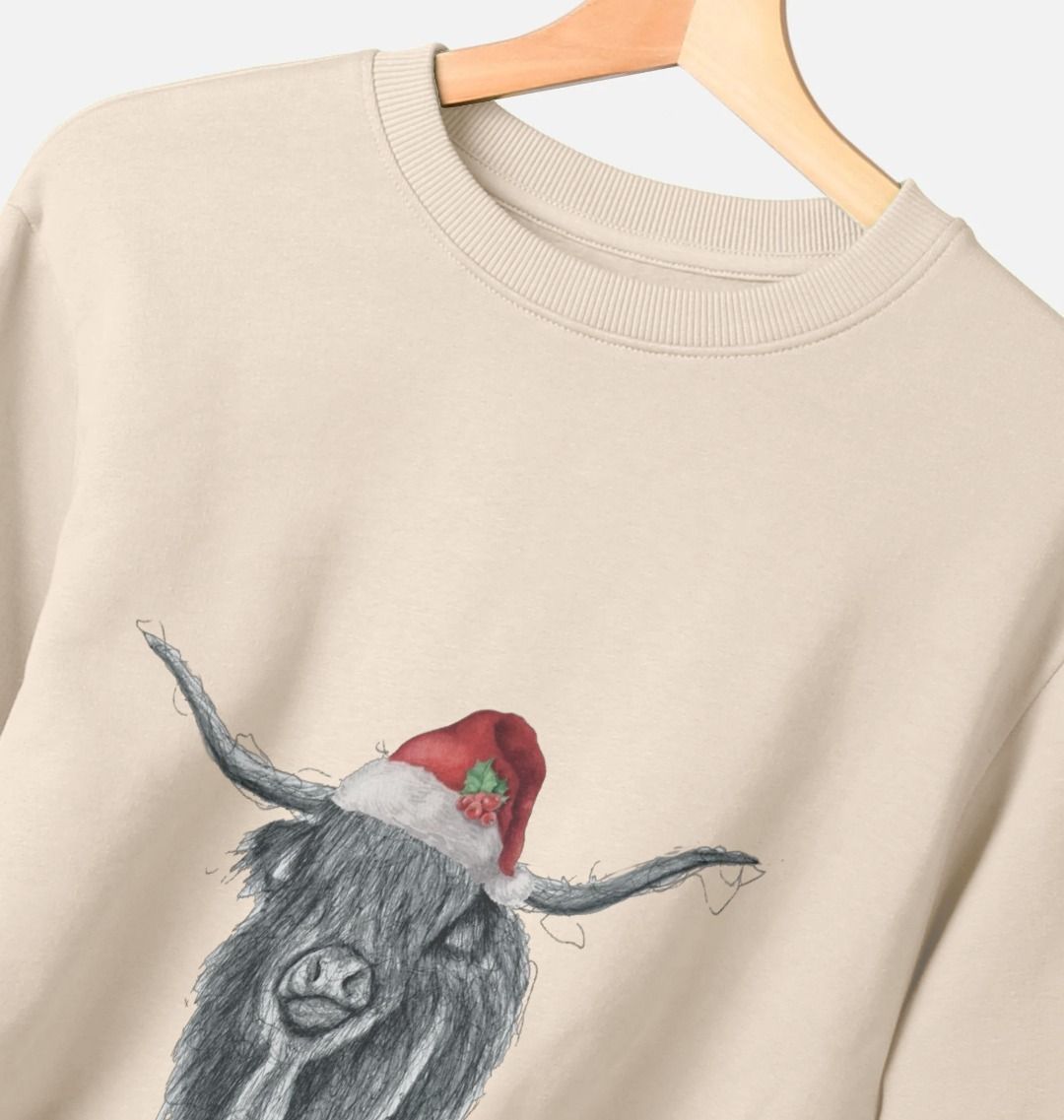 Men's Crew Neck Festive Highland Cow Sweater Certified Organic Cotton