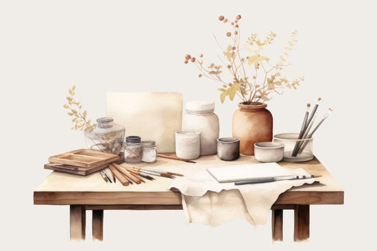 Artist’s drawing table at Libra Fine Arts studio, filled with sketchbooks, charcoal, and graphite tools in the Windsor countryside.