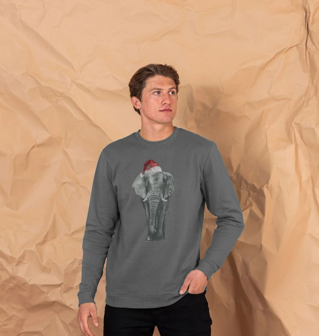 Men's Crew Neck Festive Elephant Sweater Certified Organic Cotton