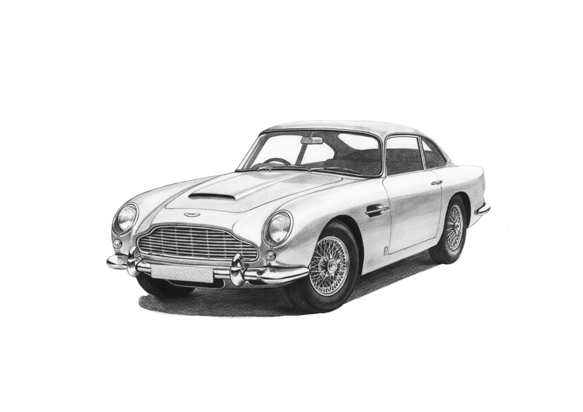 Hand-drawn Aston Martin DB5 classic car fine art print