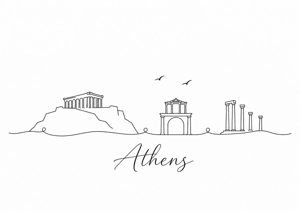 Athens skyline artwork featuring black line landmarks and city lettering on a white background