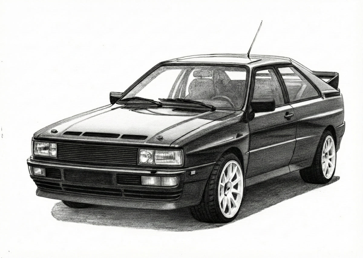 Hand-drawn Audi Quattro rally car fine art print