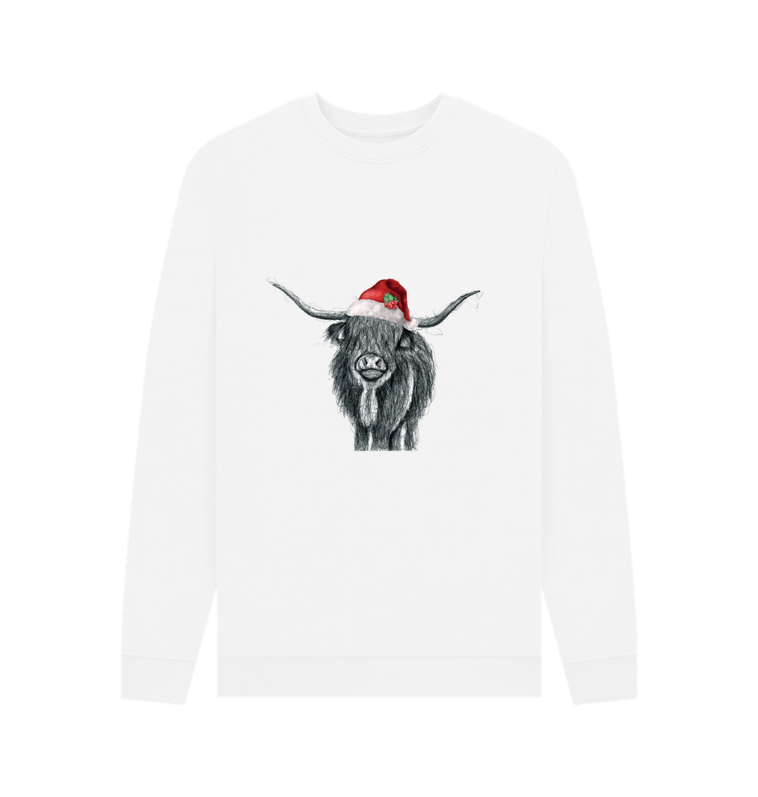 White Men's Crew Neck Festive Highland Cow Sweater Certified Organic Cotton