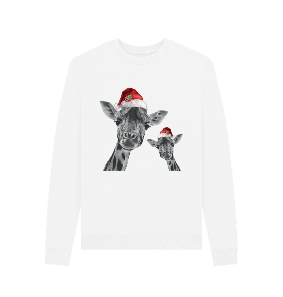White Women's Crew Neck Festive Giraffe and Baby Sweater Certified Organic Cotton