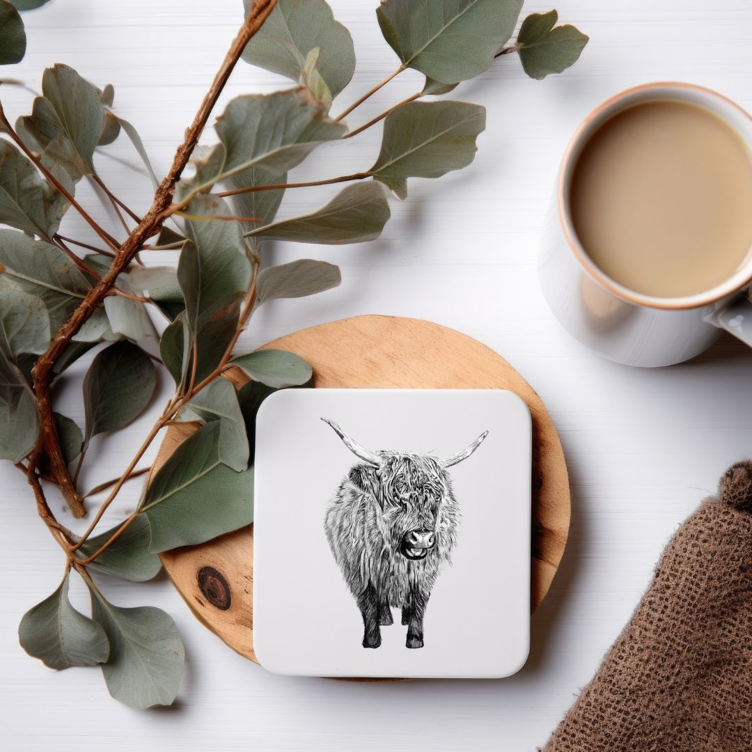 Baby Highland Cow Drinks Coaster From Libra Fine Arts . Sustainable popular highland cow coaster, hand-drawn by Libra Fine Arts, featuring a charming donkey illustration. Eco-friendly and perfect for animal lovers.a wonderful birthday present or christmas present for all highland cow fans. 